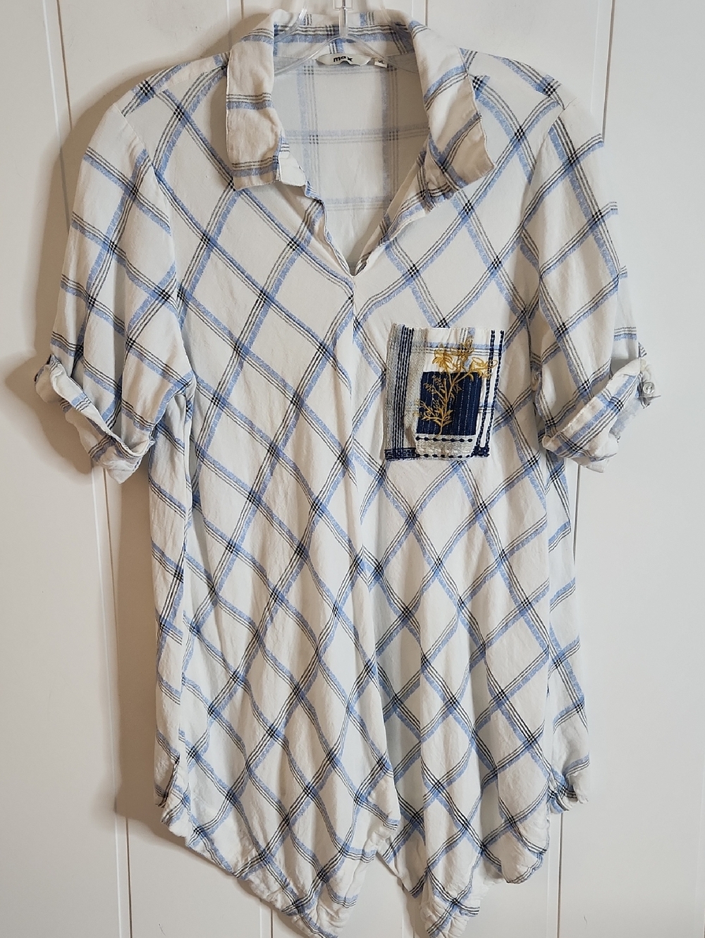 White and Blue Plaid Tunic Button Embroidered Coastal Comfort Shirt